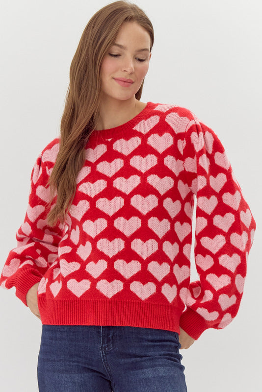 IVEY RED W/PINK HEARTS SWEATER