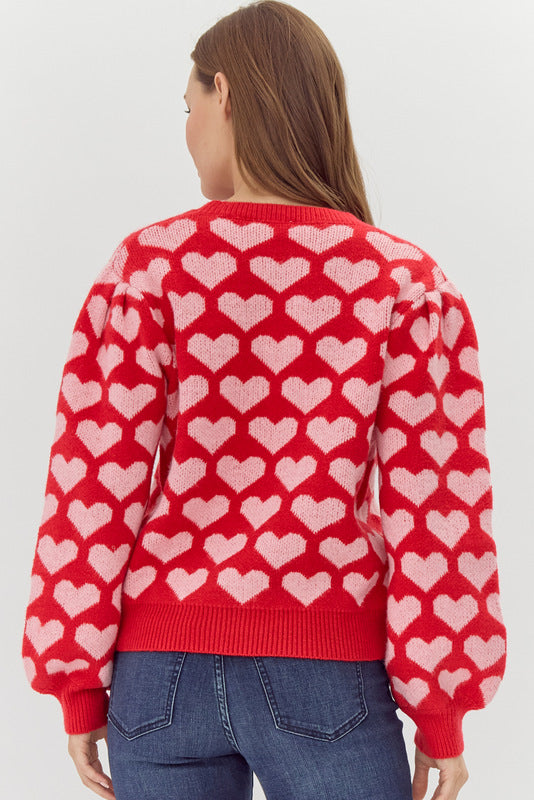 IVEY RED W/PINK HEARTS SWEATER