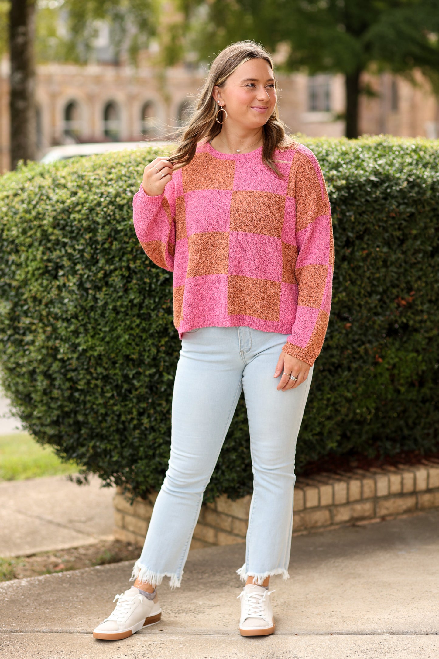 Checkered Knit Sweater (Pink/Orange)