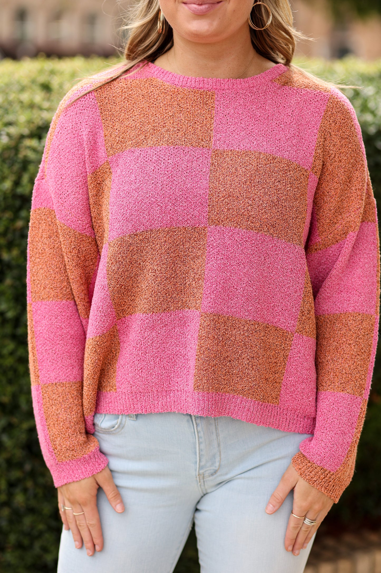Checkered Knit Sweater (Pink/Orange)