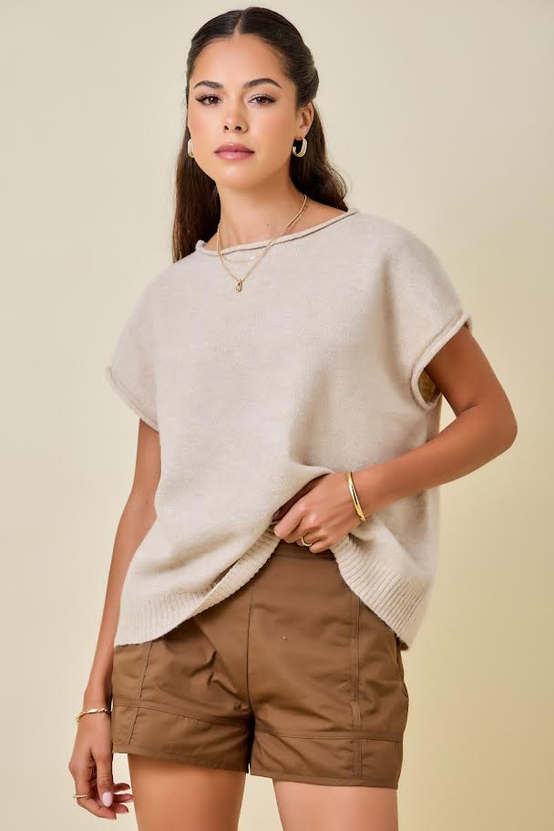 Juniors' Day + Moon Cap Sleeve Sweater Knit Top With Rolled Edge Detail