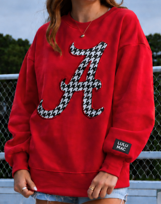 Girlie Girl LULU MAC Houndstooth Script "A" Sweatshirt (Crimson)
