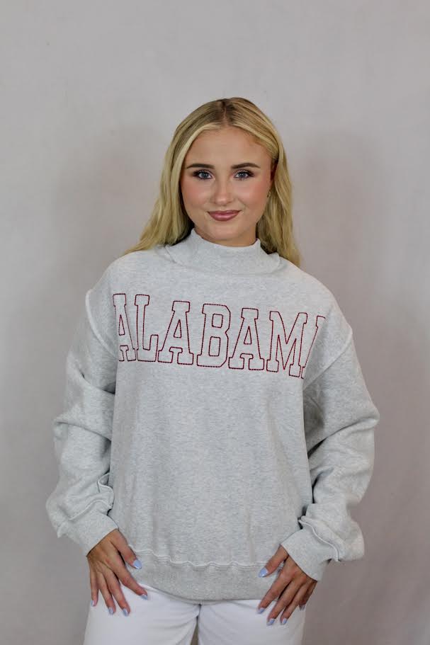 Bucketlist ALABAMA Outlined Embroidered Mock Neck Sweatshirt (Grey/Crimson)