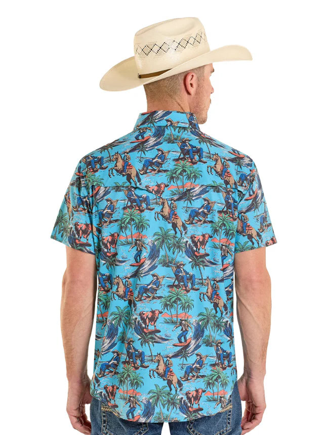 Men's Rock & Roll Denim TEK Western Tropical Cowboy SS Shirt (Turquoise)