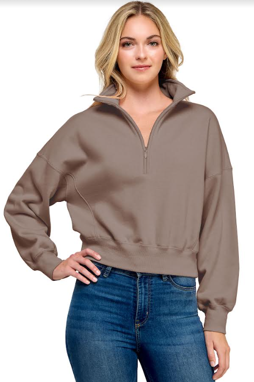 Quarter Zip Cropped Pullover Sweatshirt (Fossil)