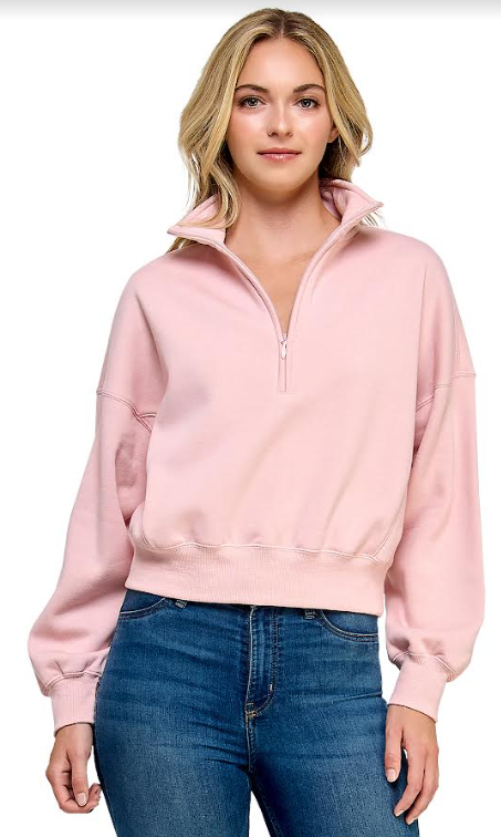 Juniors' Reflex Quarter Zip Cropped Pullover Sweatshirt (Pink)
