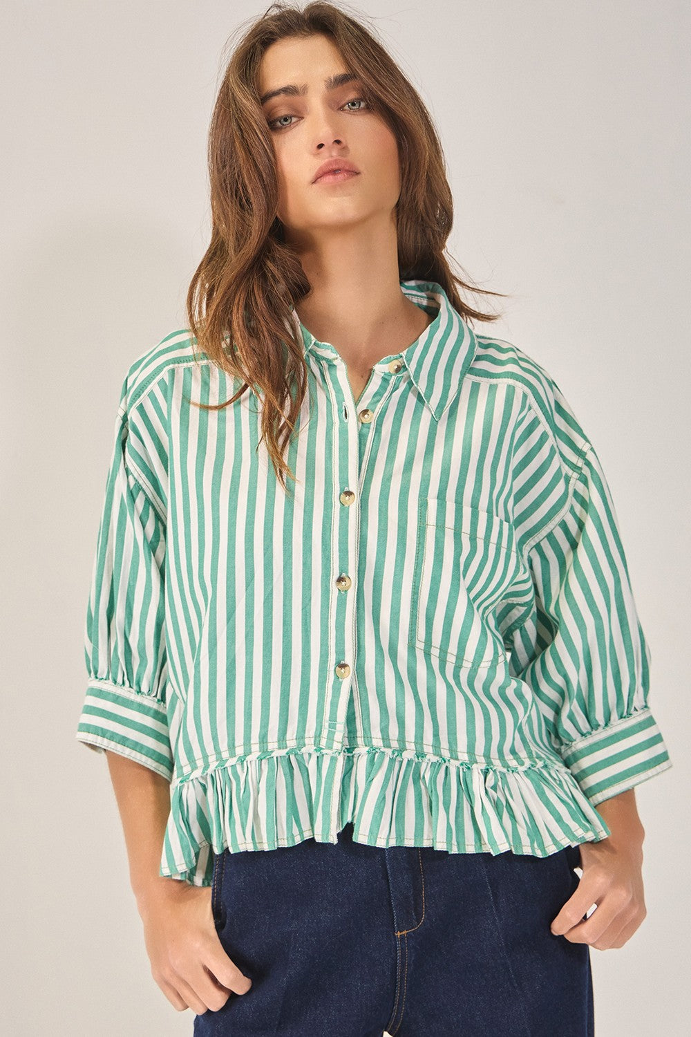 Striped Button-Down S/S Top