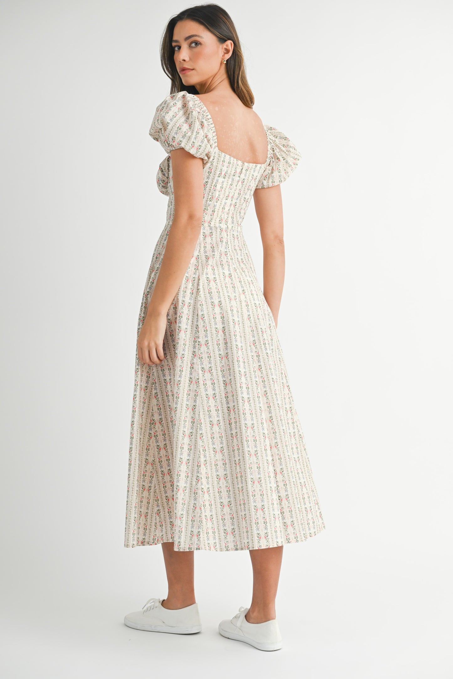 Printed Puff Sleeve Midi Dress (Cream)