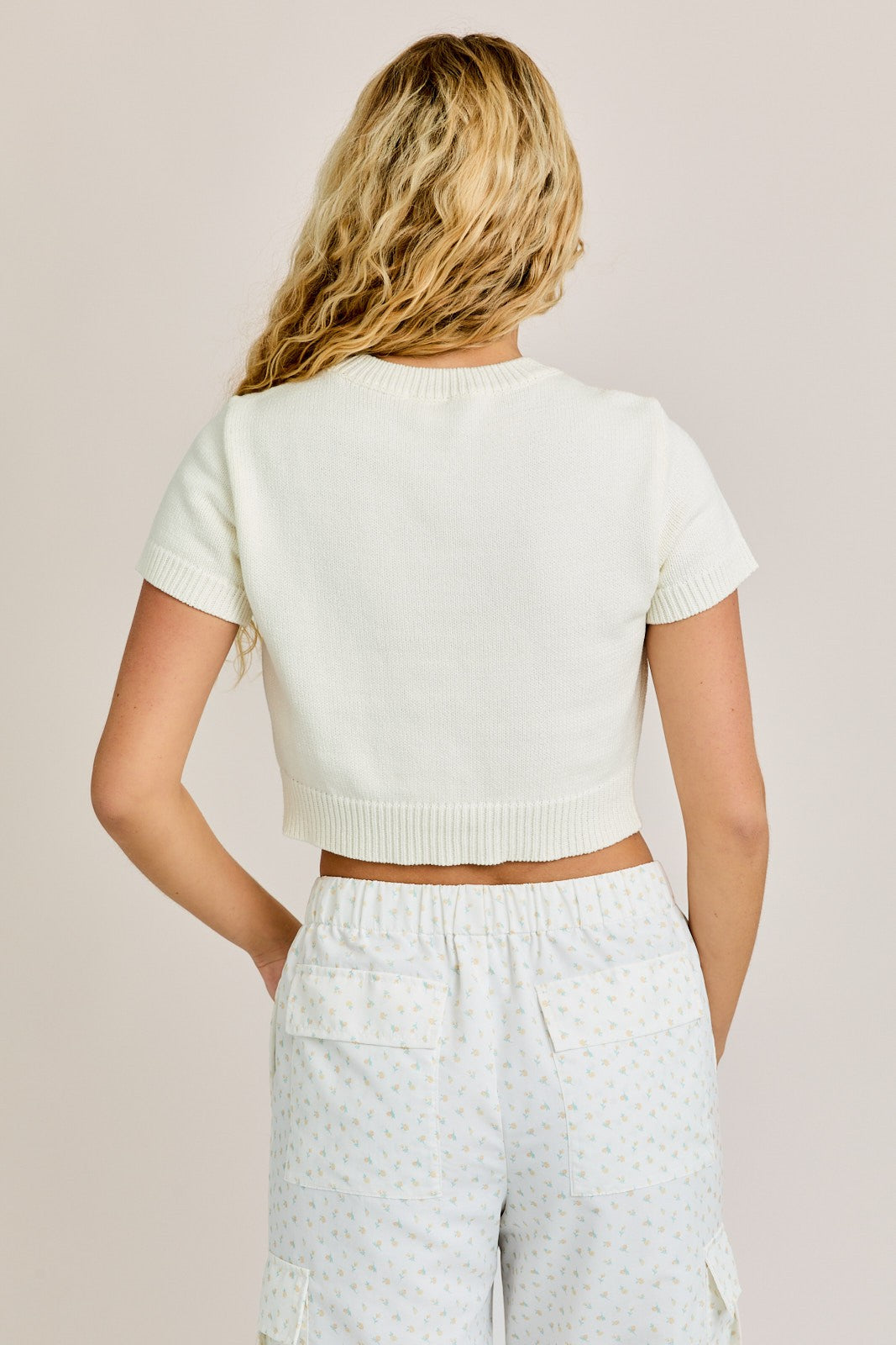 Teddy Bear S/S Crop Top Sweater (White)