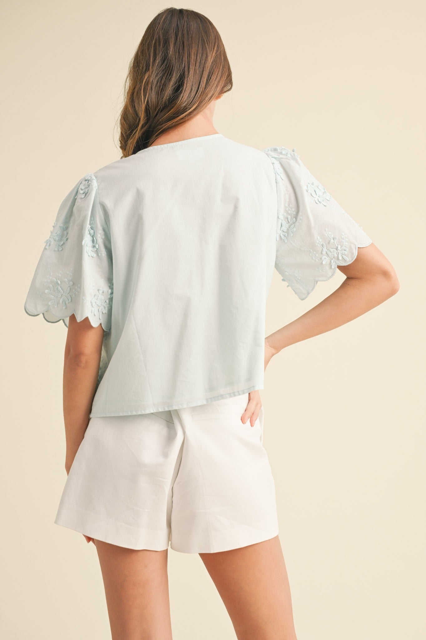 Lace Trim S/S Woven Top (Lt.Blue)