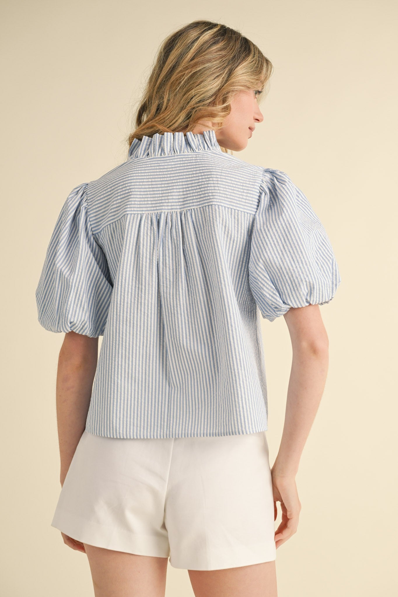 Striped Ruffle Button-Down Top (Marine Blue)