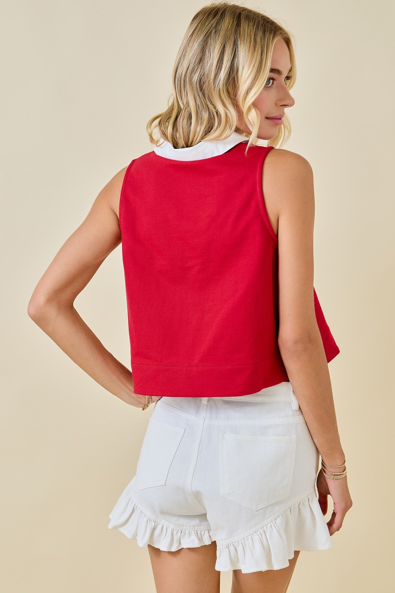 Day + Moon Sleeveless Contrasting Collar V-Neck Poplin Top