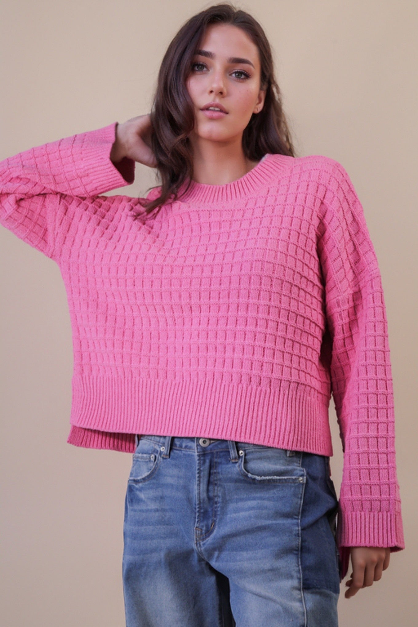 Juniors' Very J Oversized Textured Solid Casual Knit Sweater