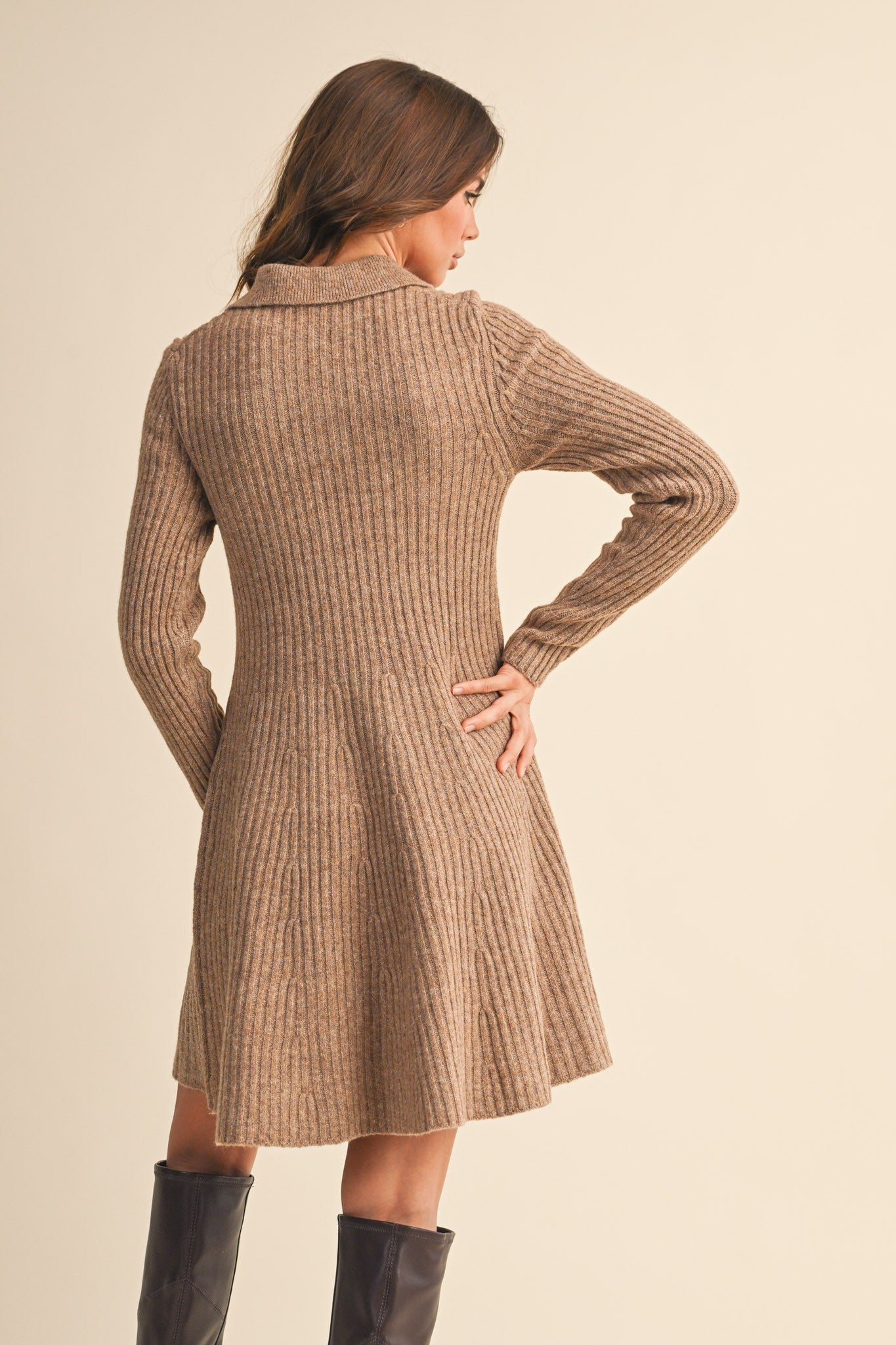 &Merci Ribbed Sweater Flared Mini Dress (Mocha)