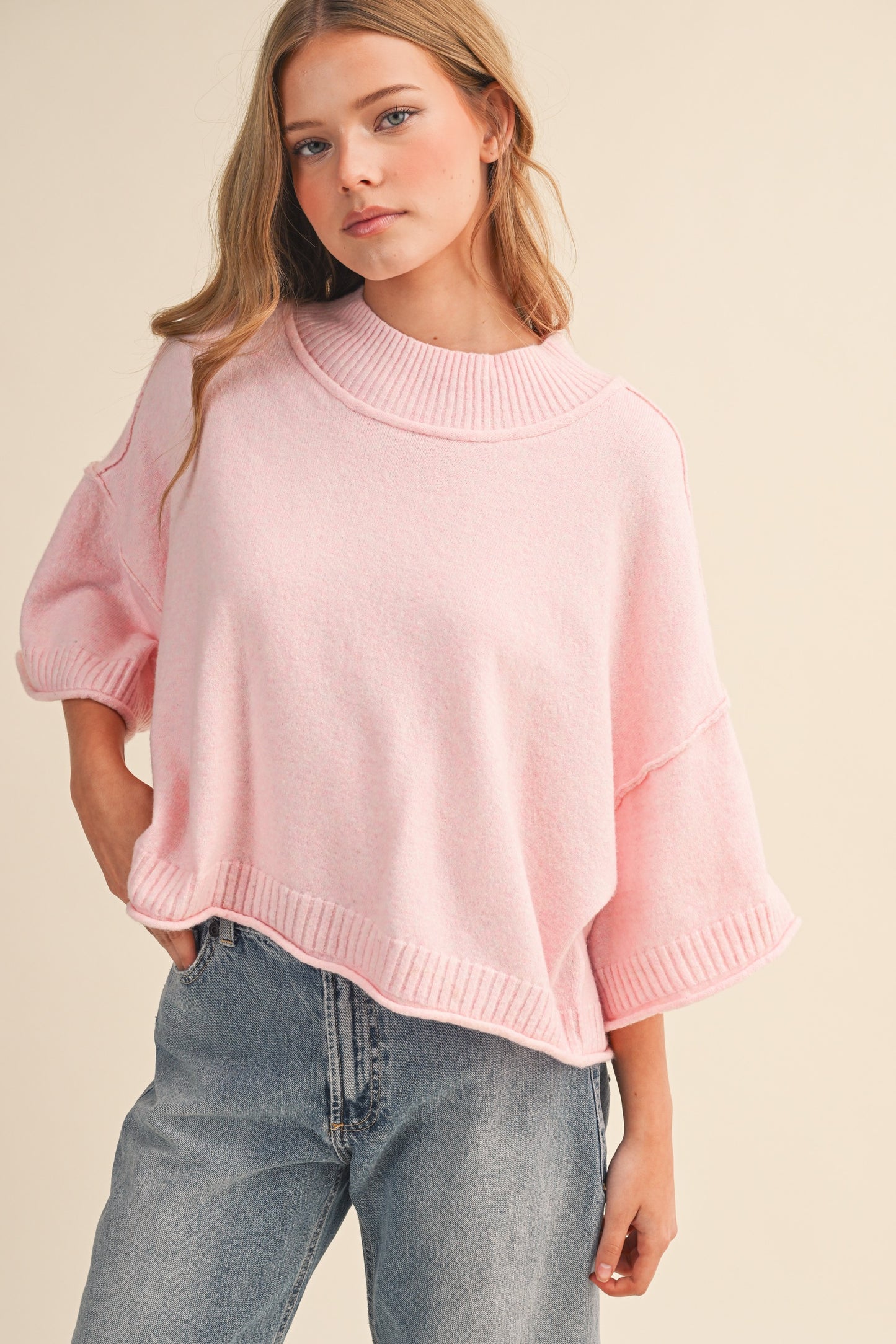 Juniors' &Merci Marled Knit Mock Neck S/S Sweater