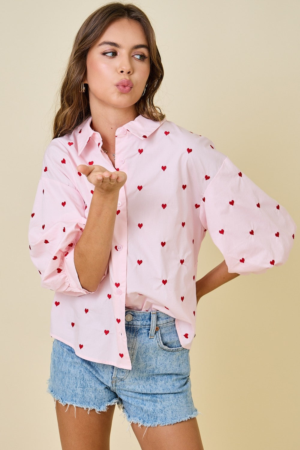 Juniors' Day + Moon Heart Embroidered Button Down Shirt (Pink/Red)
