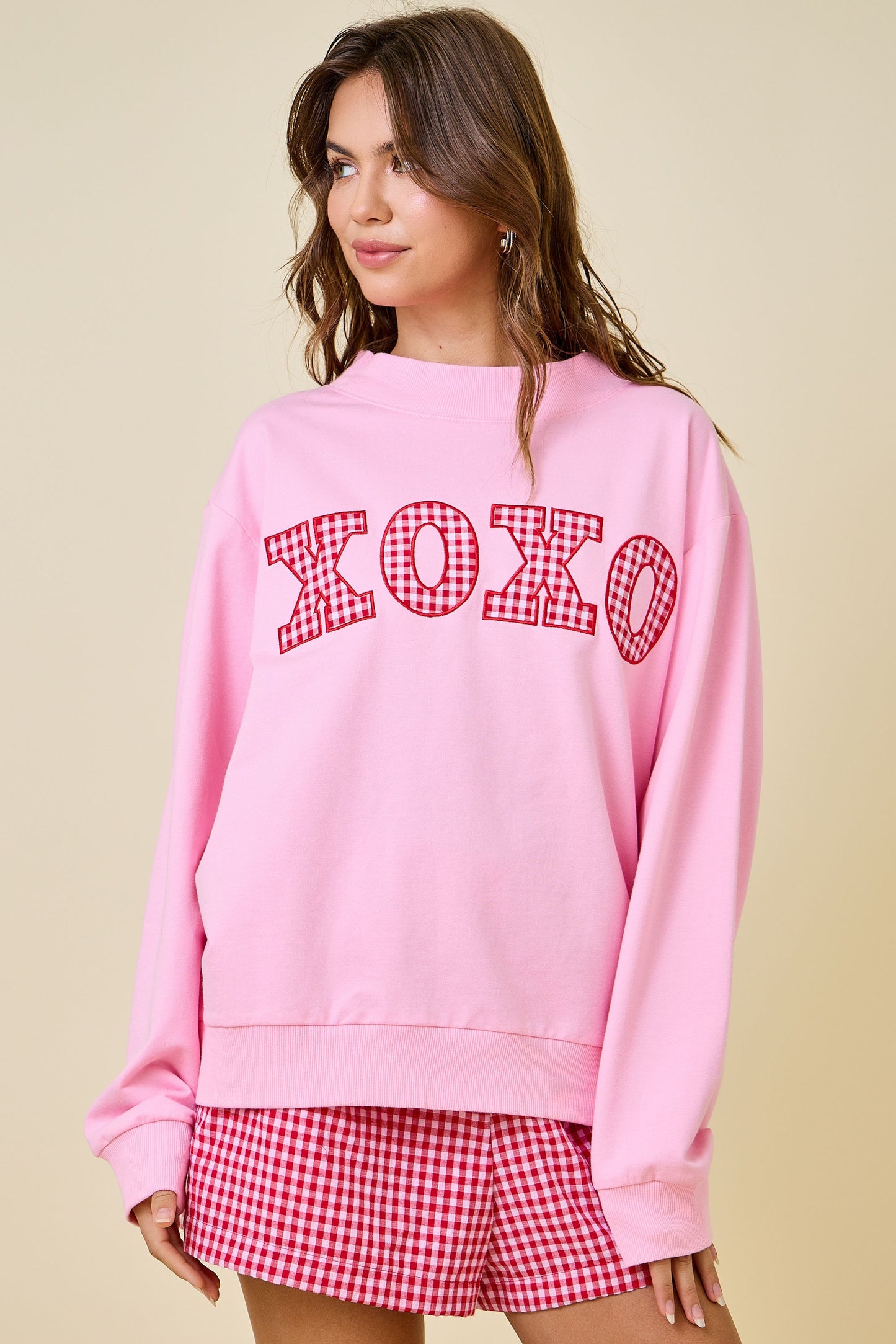 Juniors' Day + Moon XOXO Gingham Mock Neck L/S
