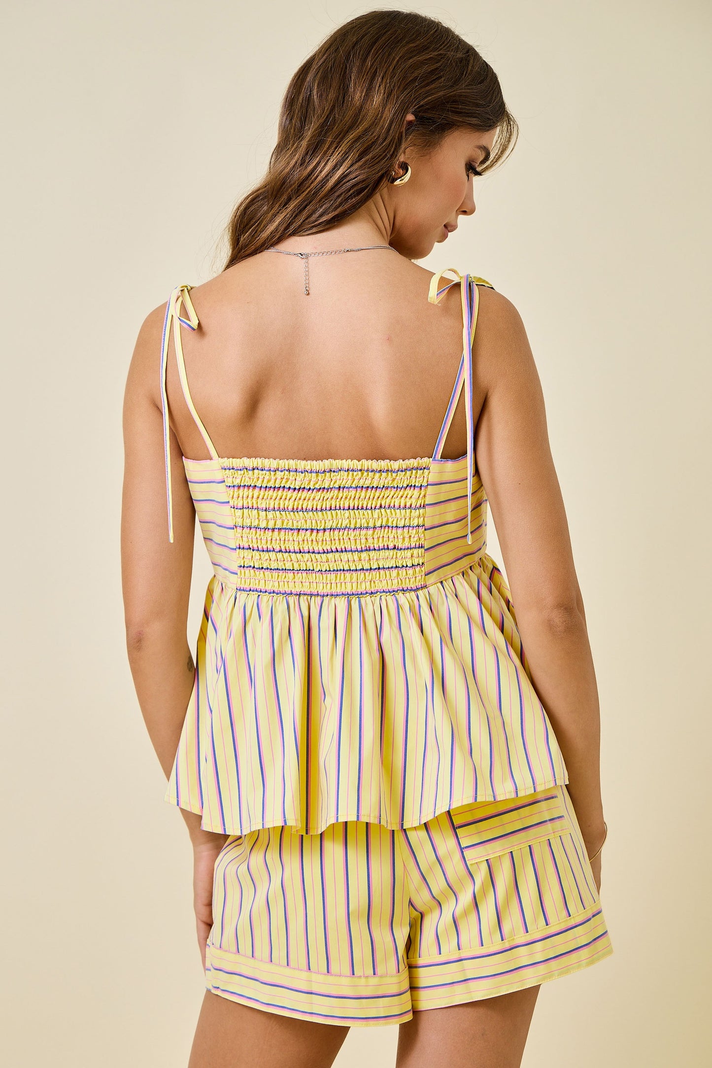 Juniors' Day + Moon Stripe Square Neck Peplum Cami W/Tie Straps Top (Lemon Multi)