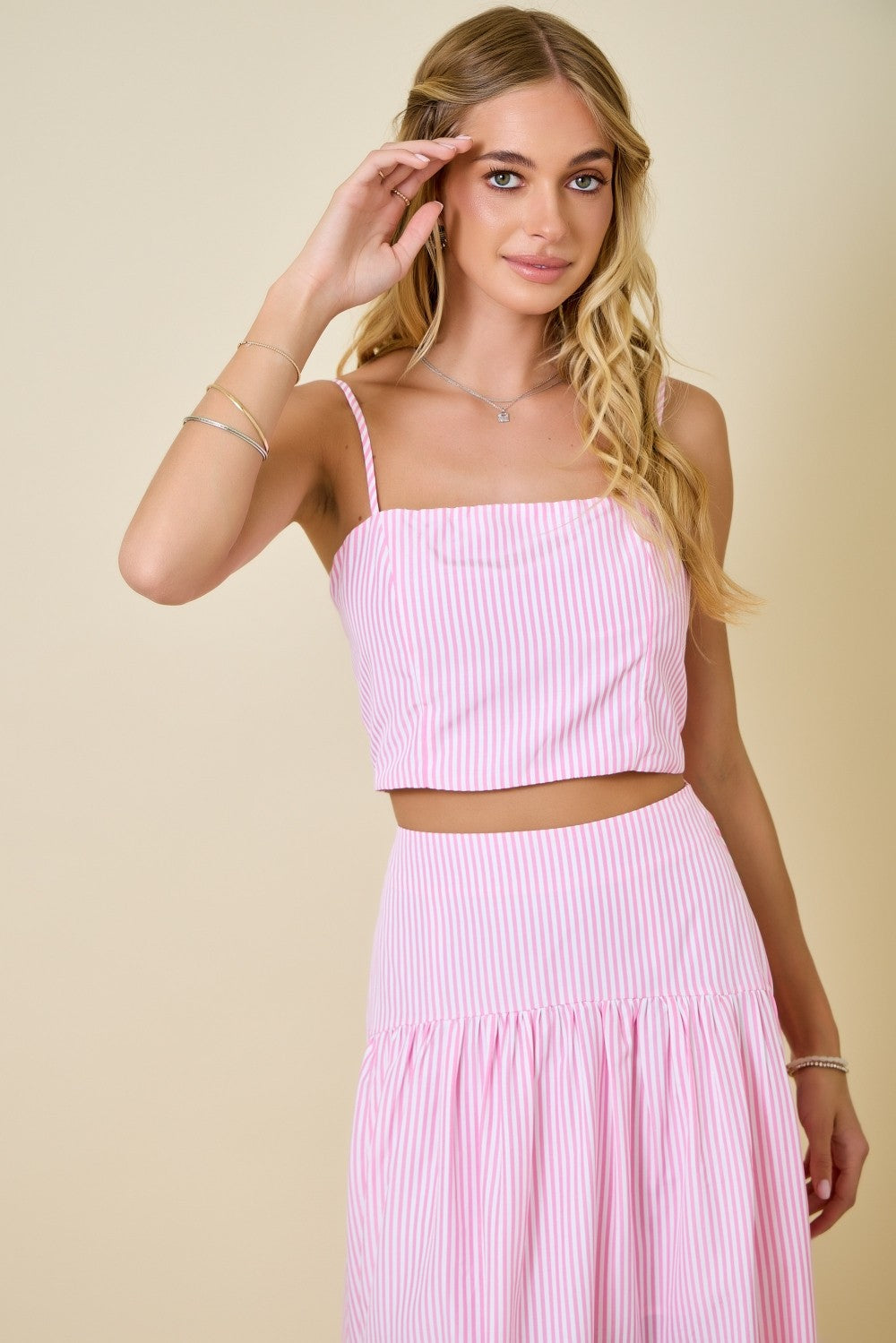 Juniors' Day + Moon Stripe Crop W/Smocked Adjustable Straps Top