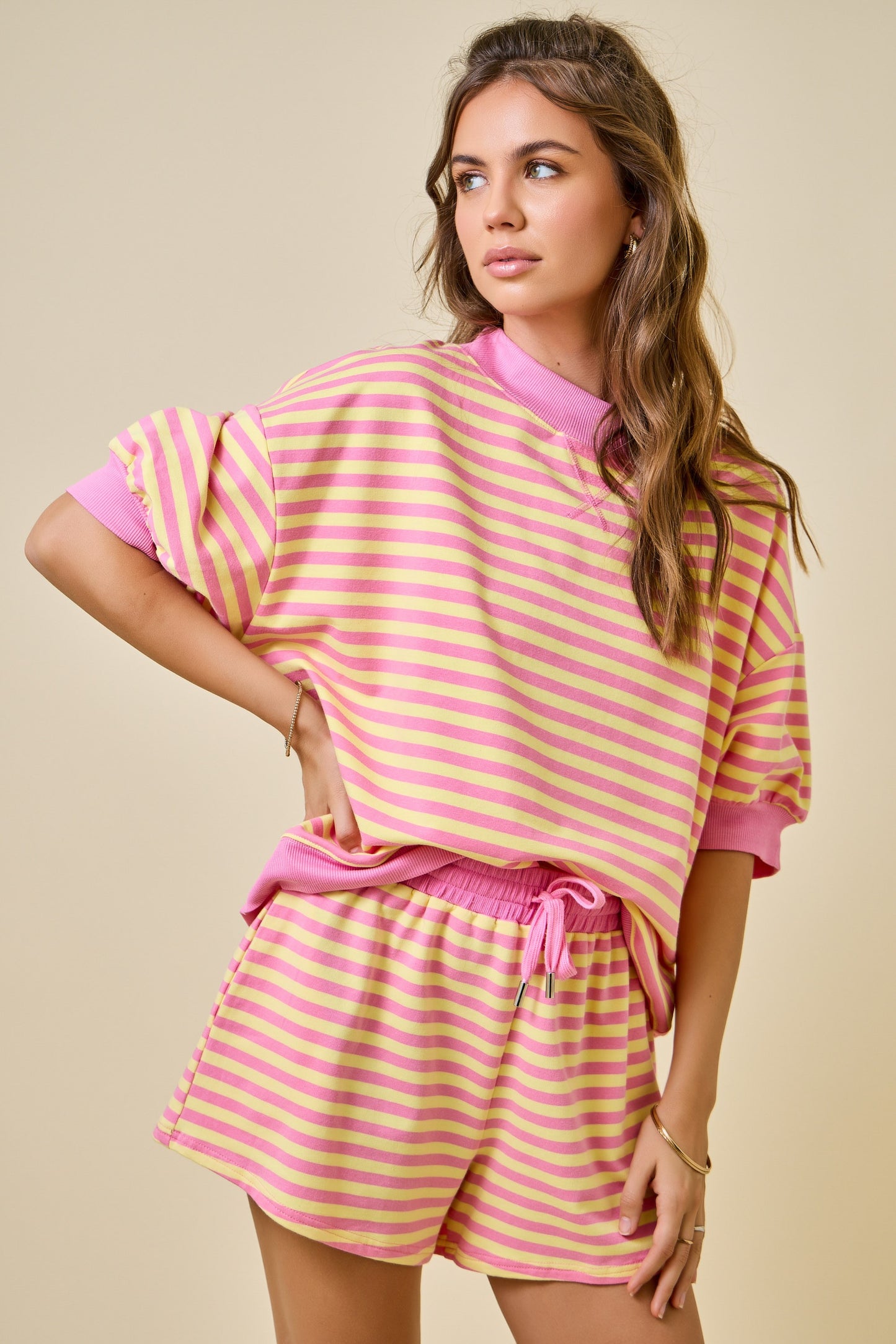 Juniors' Day + Moon S/S Mock Neck Striped Lounge Sweatshirt