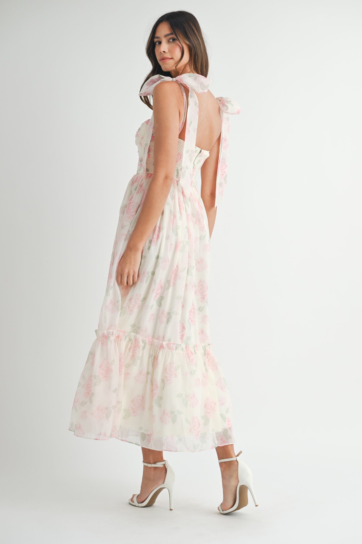 Juniors' Mable Floral Bust Ruched Midi Dress W/Shoulder Tie Straps (Pink)