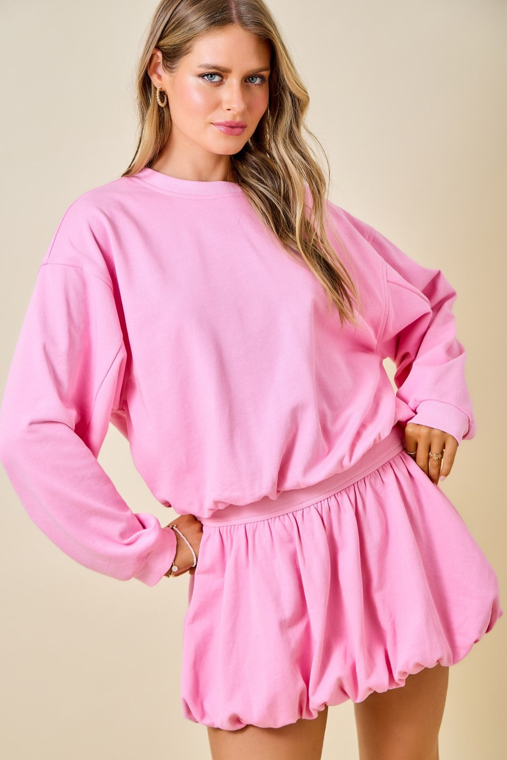 Day + Moon French Terry Crewneck Casual Sweatshirt W/Bubble Hem Detail