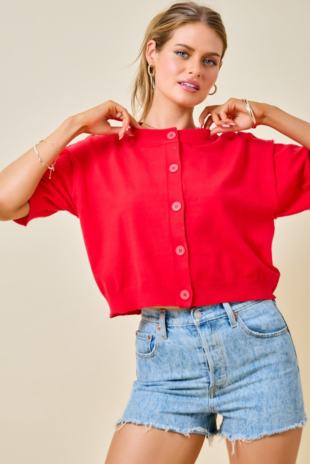 Day + Moon Short Sleeve Sweater Knit Cardigan Top W/ Raw Edge Hem