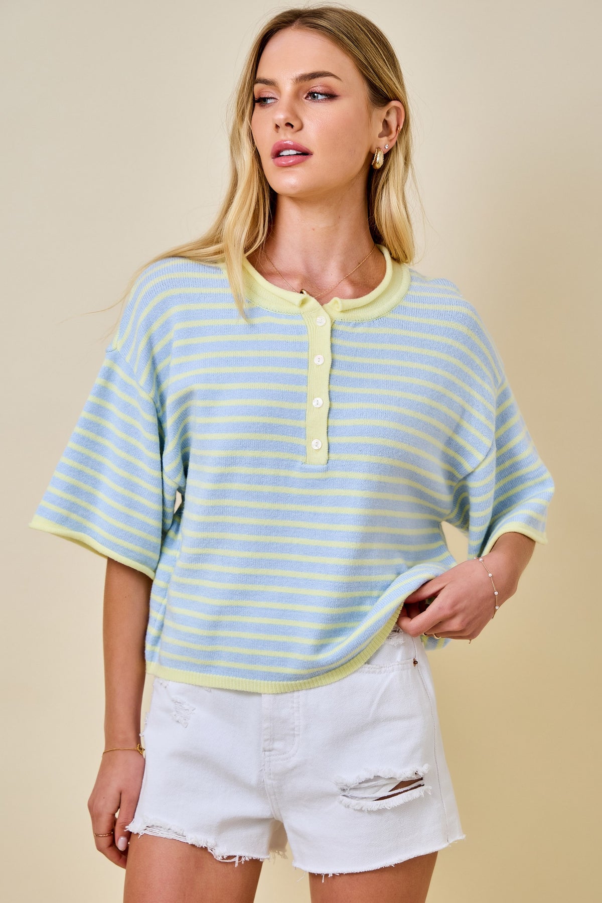 Juniors' Day + Moon Striped Short Sleeve Henley Knit Top With Dropped Shoulders