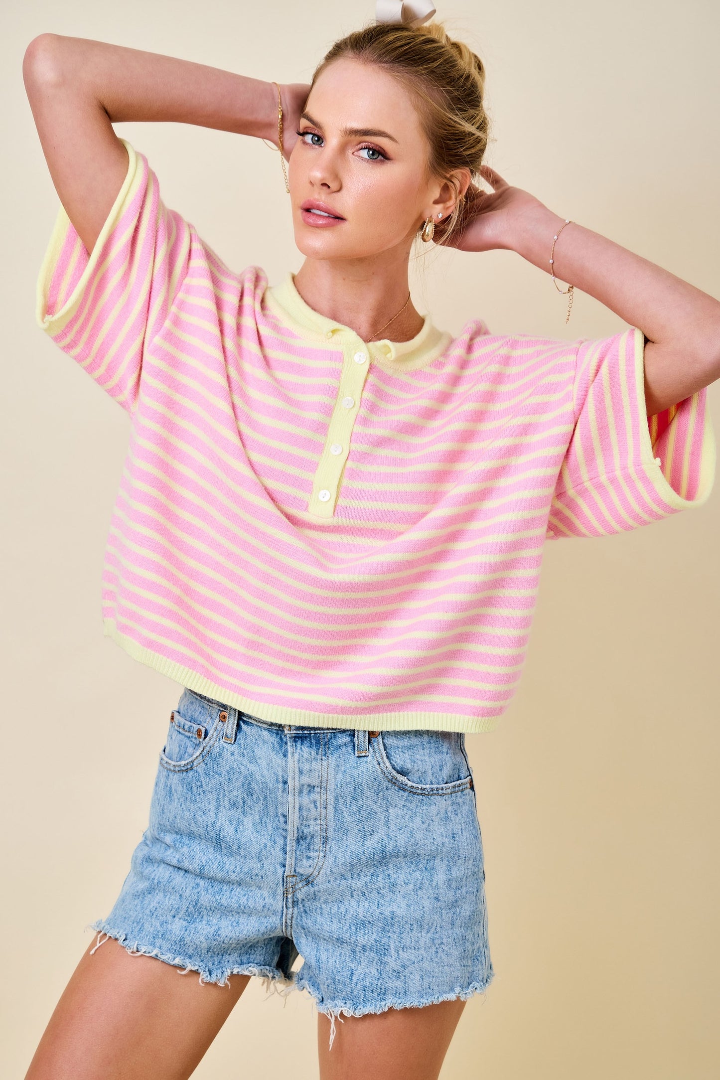Juniors' Day + Moon Striped Short Sleeve Henley Knit Top With Dropped Shoulders