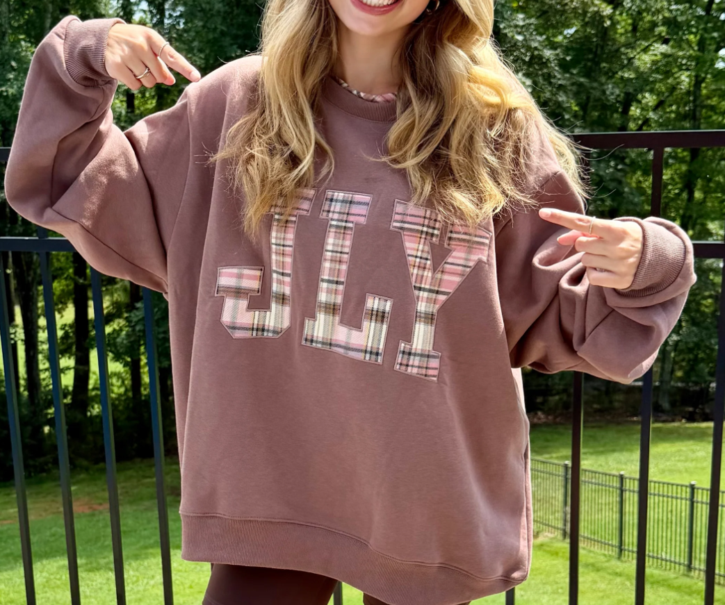 Bucketlist "JLY" Checkered Oversized Mock Neck Sweatshirt (Brown)