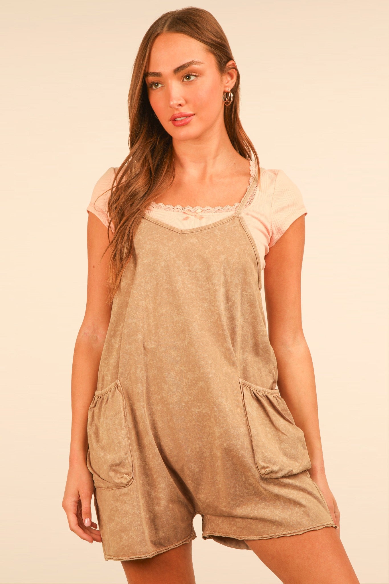 Mineral Washed Sleeveless Casual Knit Romper