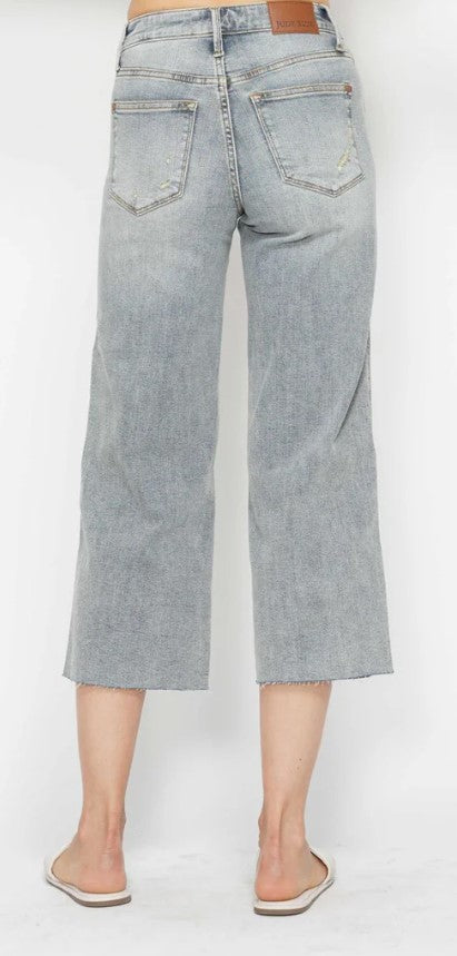 Judy Blue Mid Rise Tummy Control Raw Hem Wide Leg Crop Denim Jean