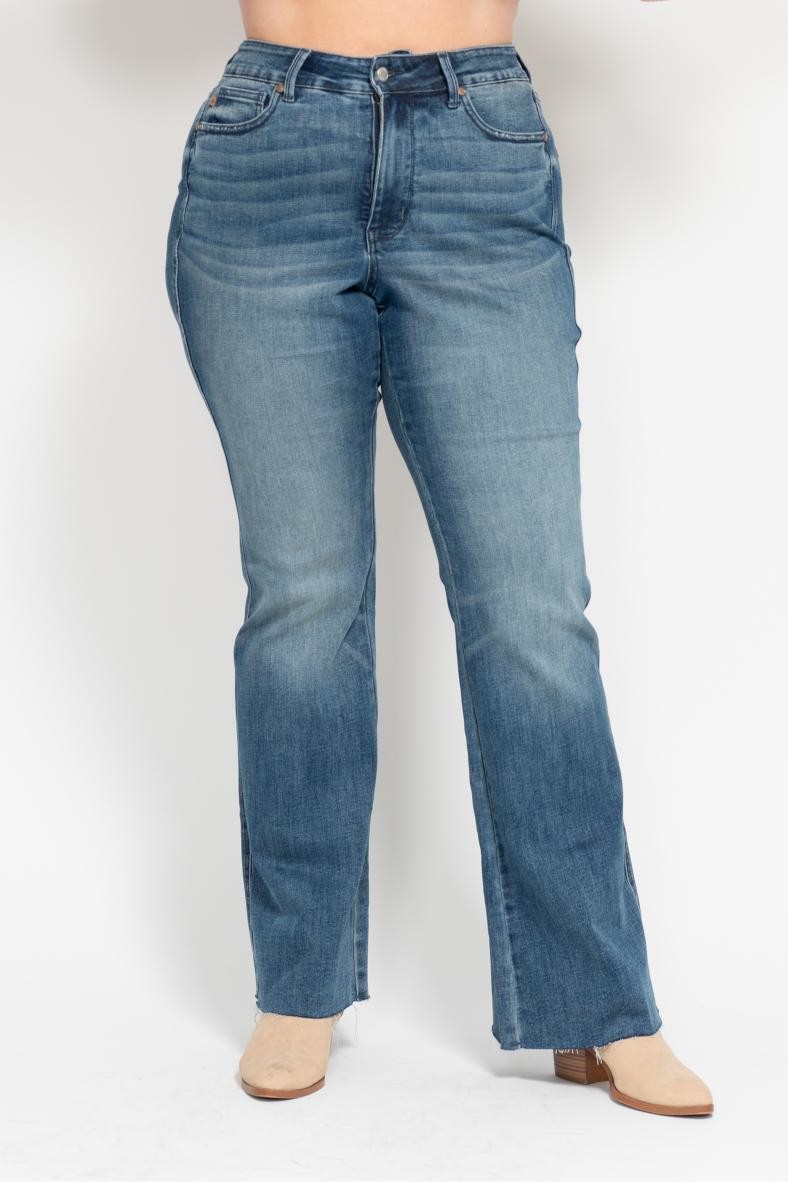 (Plus) Judy Blue Mid Rise Tummy Control Cut Hem Flare Jean
