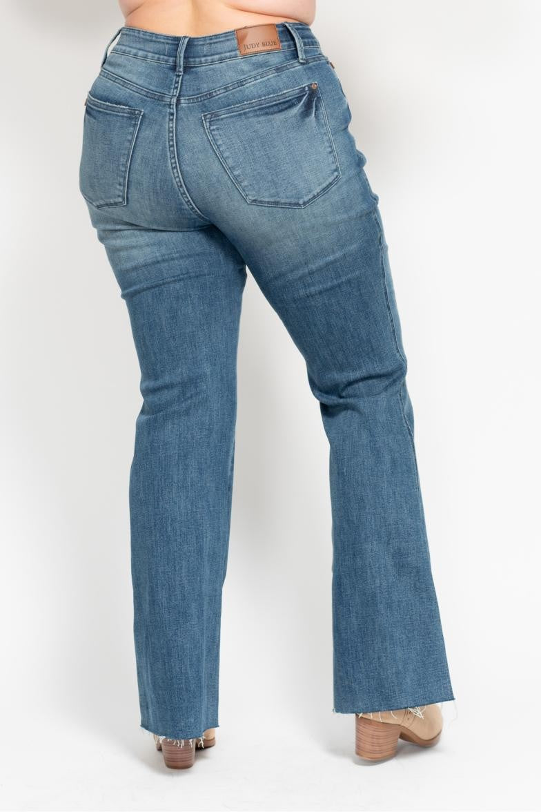(Plus) Judy Blue Mid Rise Tummy Control Cut Hem Flare Jean