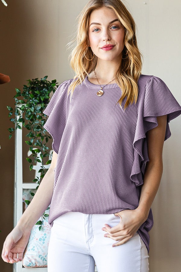 Heimish Ruffled Sleeve Ribbed Top