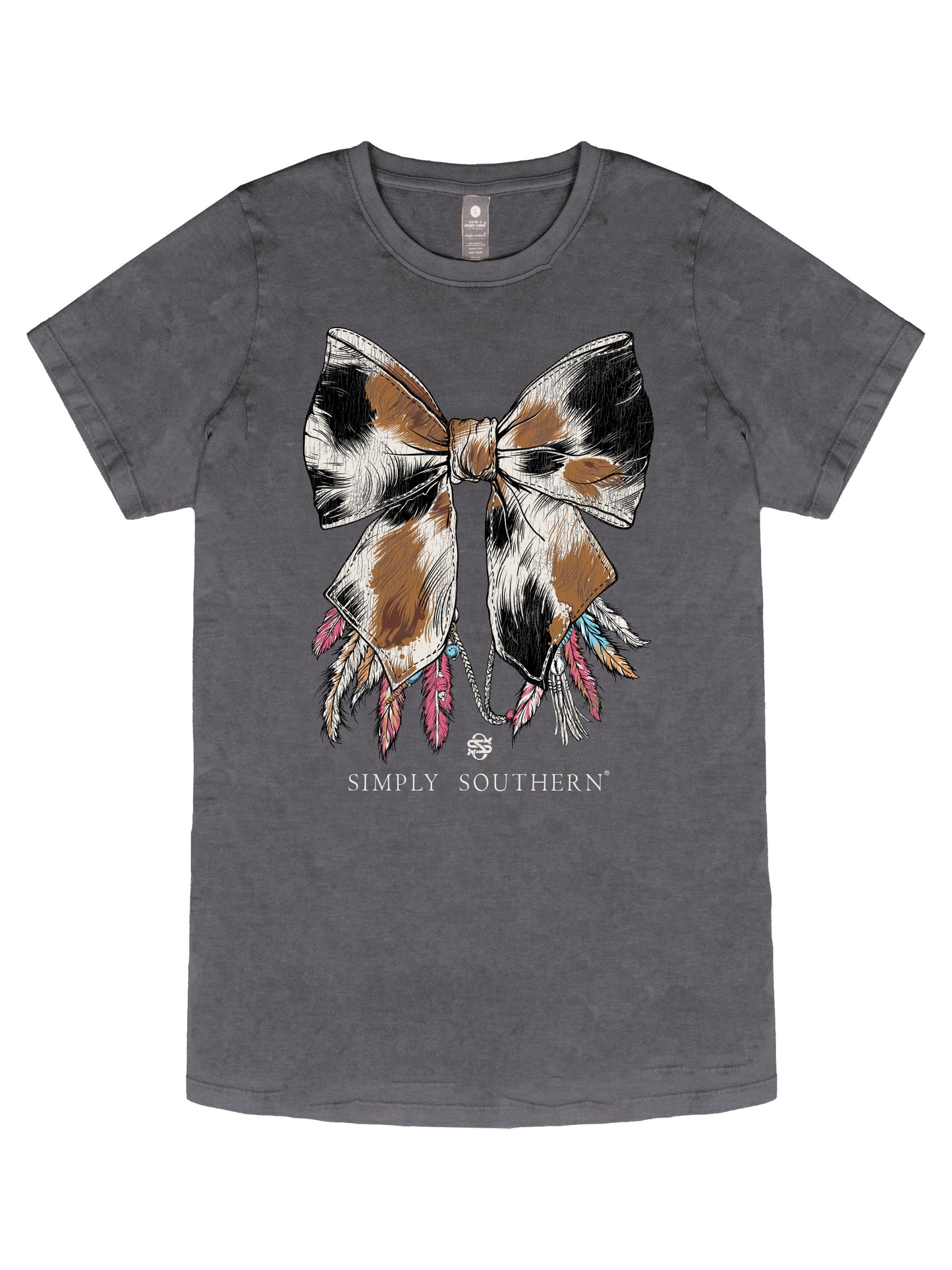 Ladies' Simply Southern Cow Pattern Bow w/Feathers S/S (Washed Coal)
