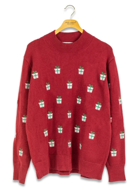Simply Southern The Embroidered Present Mockneck Sweater (Red)