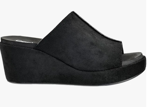 Corkys Here For It Open Toe Wedge Sandal (Black Faux Suede)