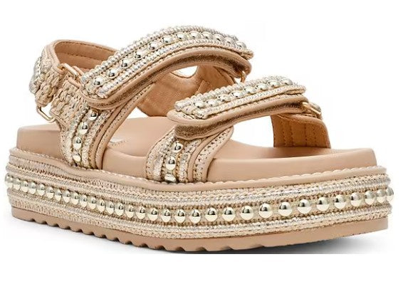 Steve Madden Big Mona Raffia Studded Platform Sandal (Gold Multi)