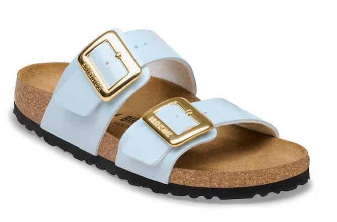 Women's Birkenstock Patent Baby Blue Sydney Luxe Buckle Birko-Flor Sandal (Medium/Narrow/Width)