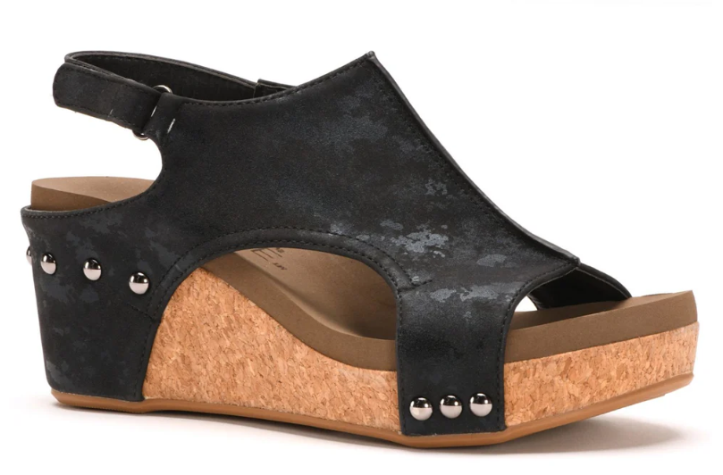 Corkys Carley Wedge Sandal (Black Metallic)