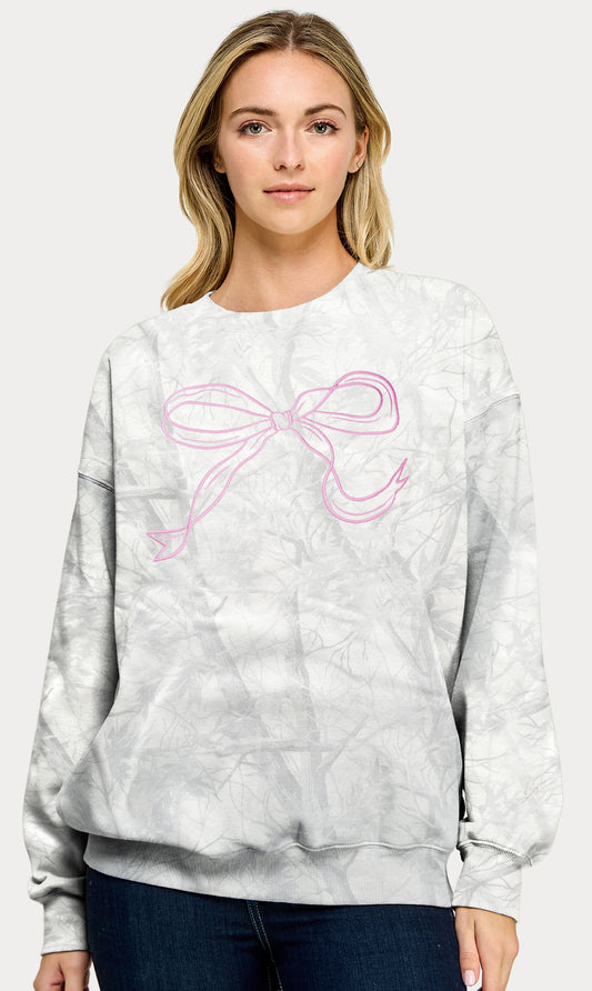 Juniors' Bow Camo Sweatshirt (White Camo/Pink Bow Detail)