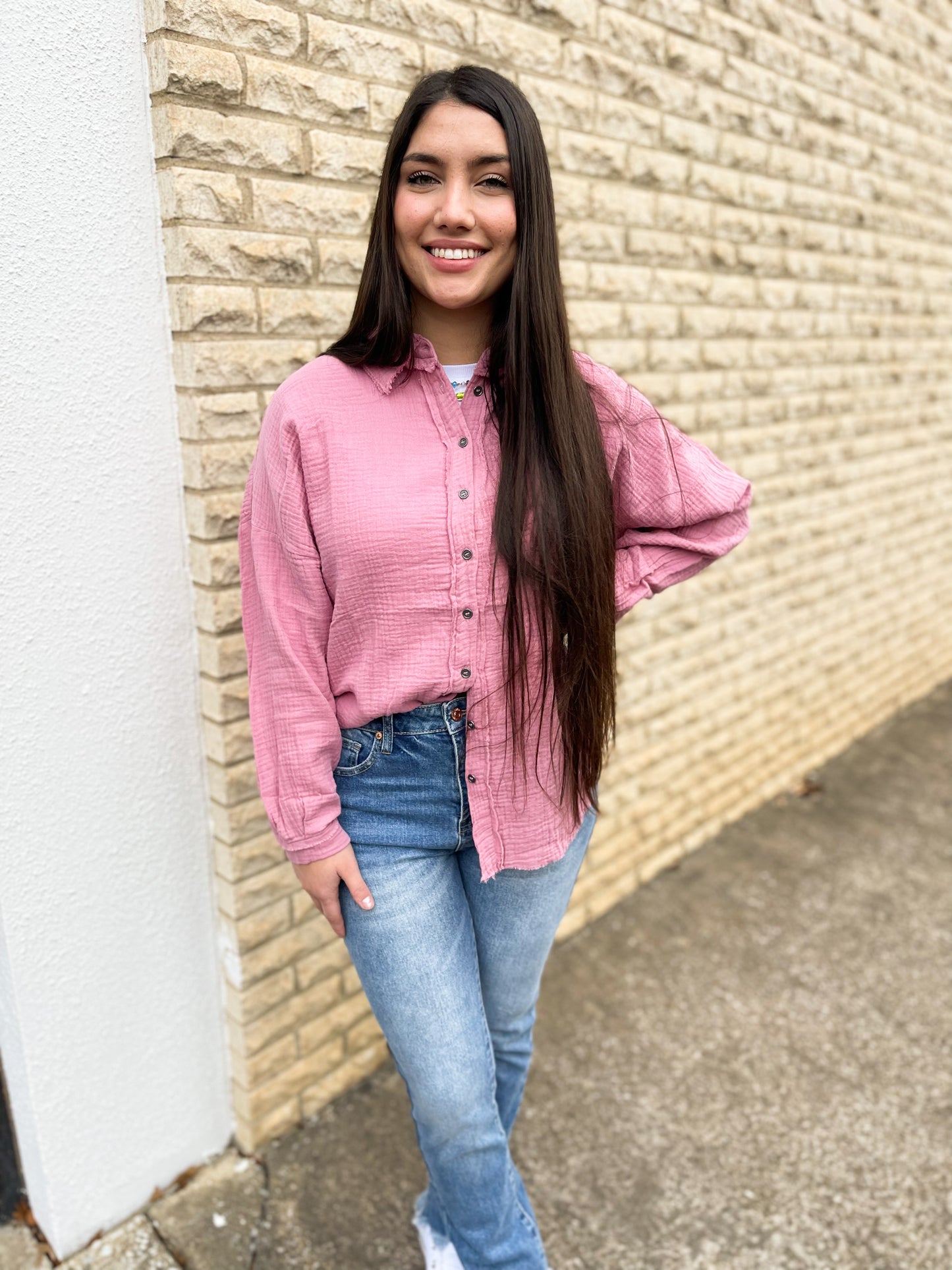 Linen Button Down Top (Light Rose)
