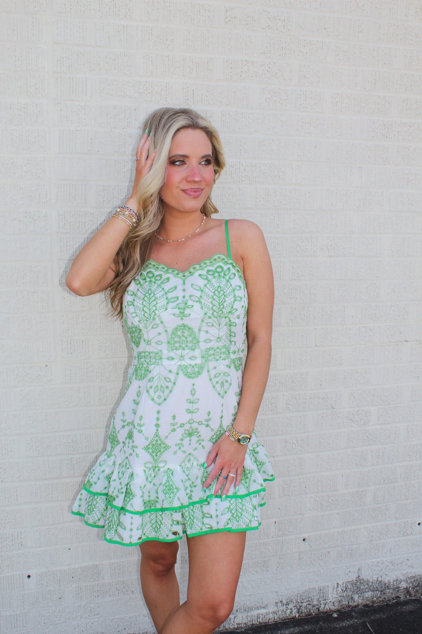 The Estelle Dress (White/Green)