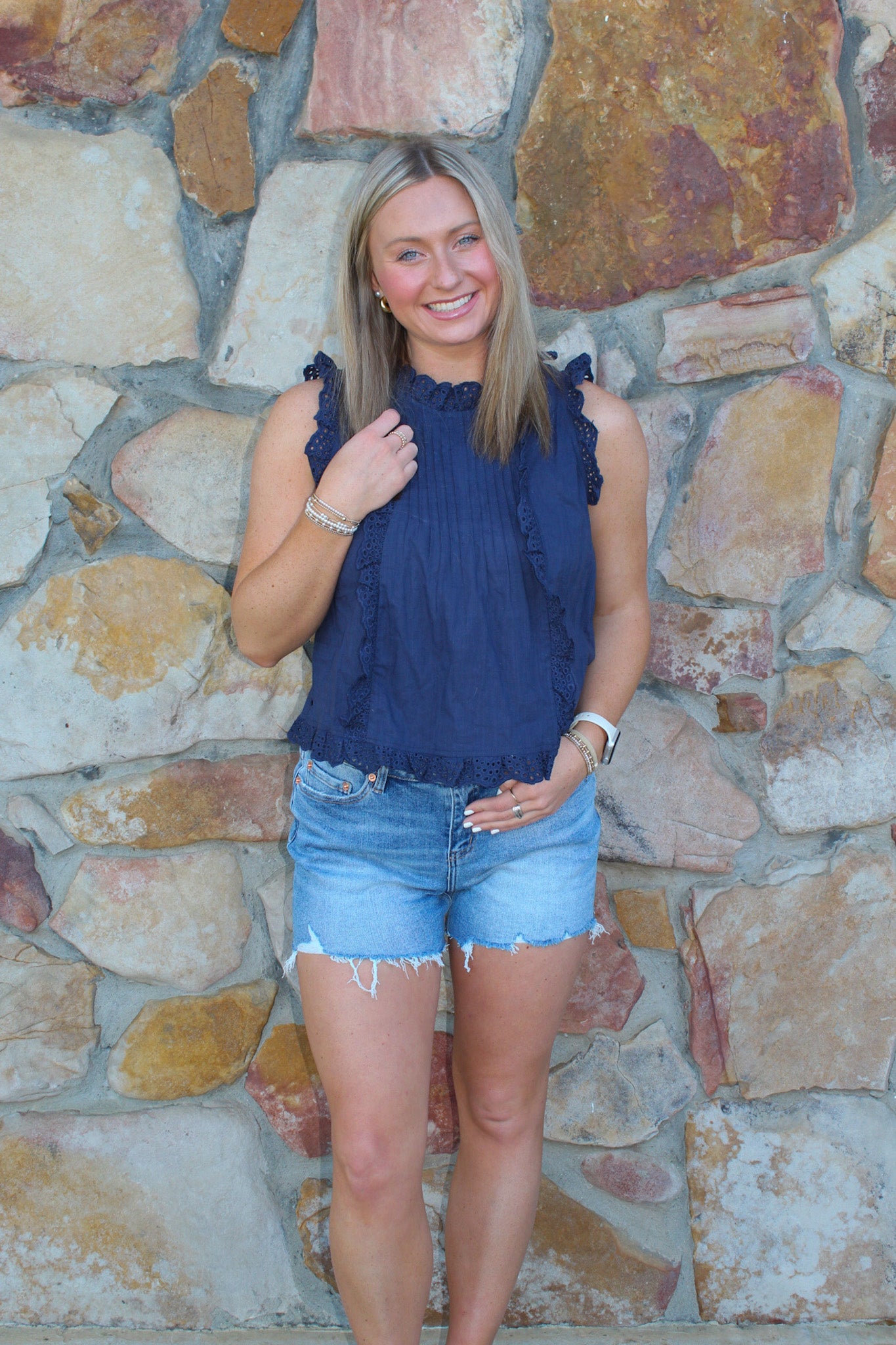 Eyelet Ruffle Blouse (Navy)