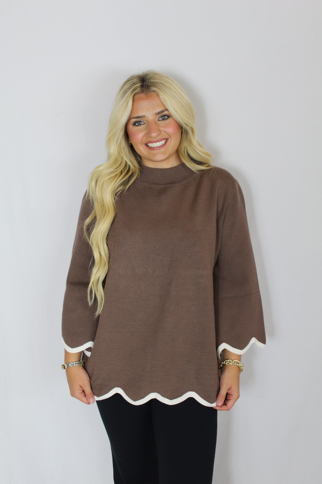 Mock Neck & Scallop Detail 3/4 Sleeve Sweater