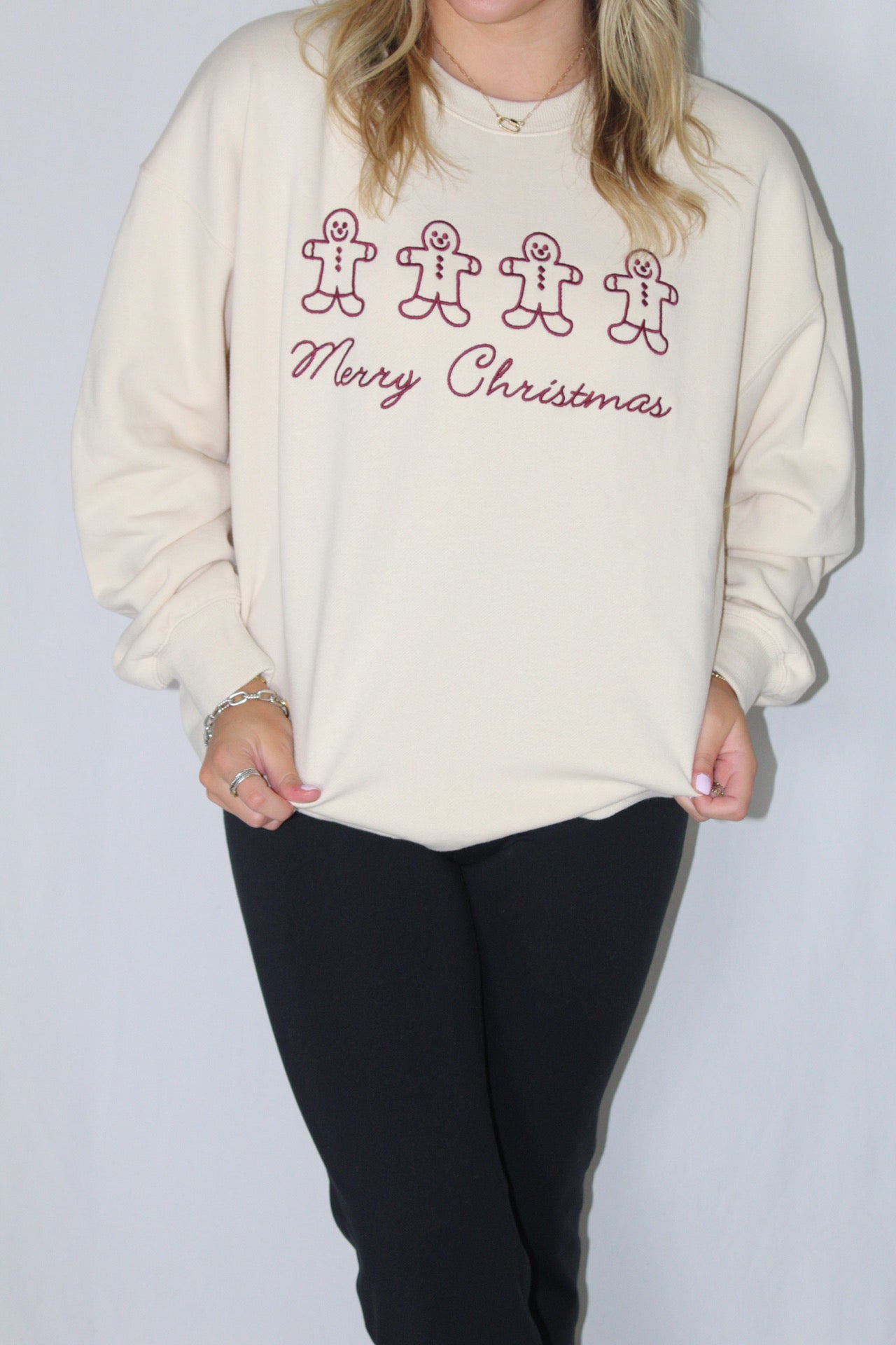 Ladies' Embroidered Gingerbread Men (Merry Christmas) Sweatshirt (Cream)