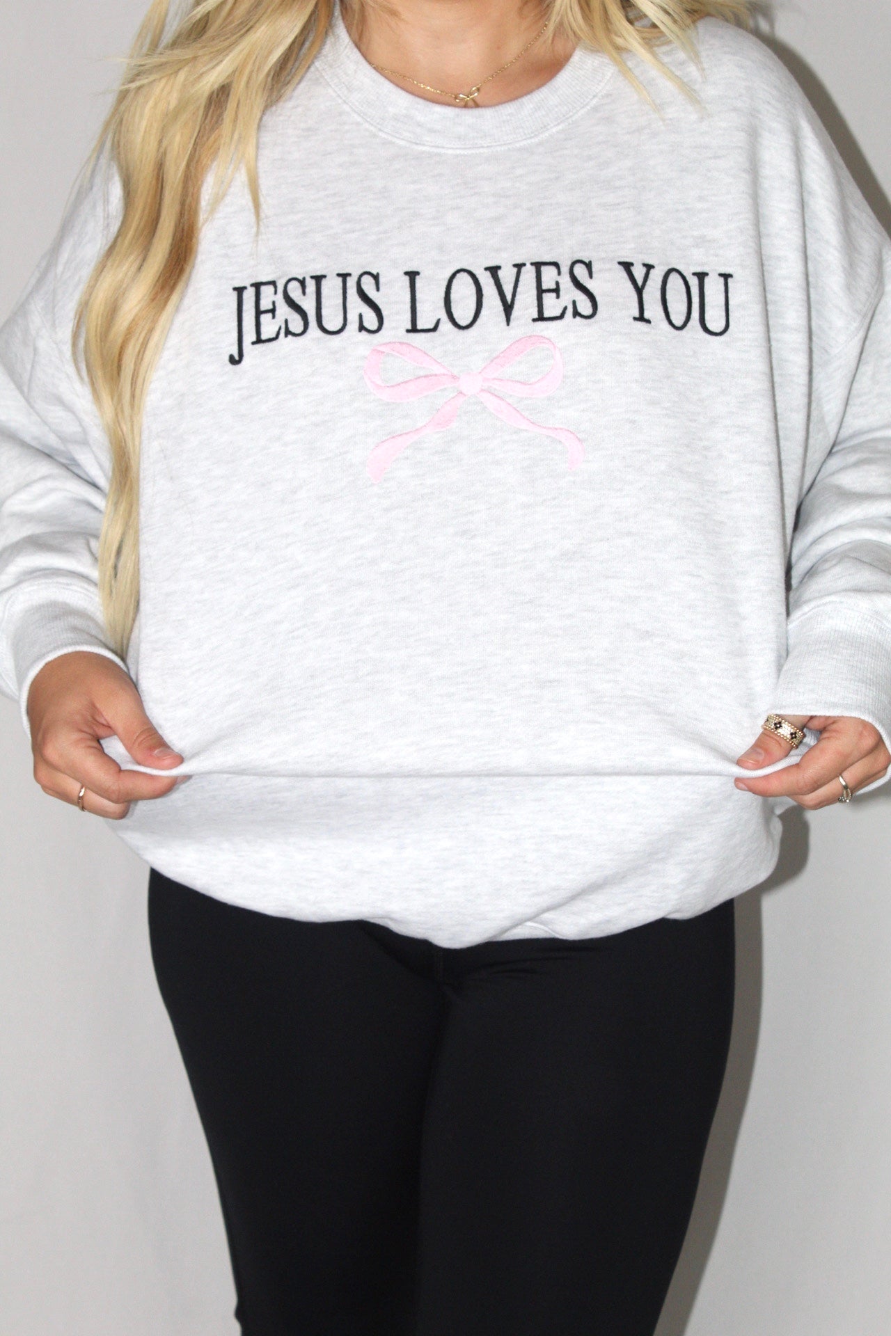 Emboried Jesus Loves You W/Bow Sweatshirt (Ice Grey)