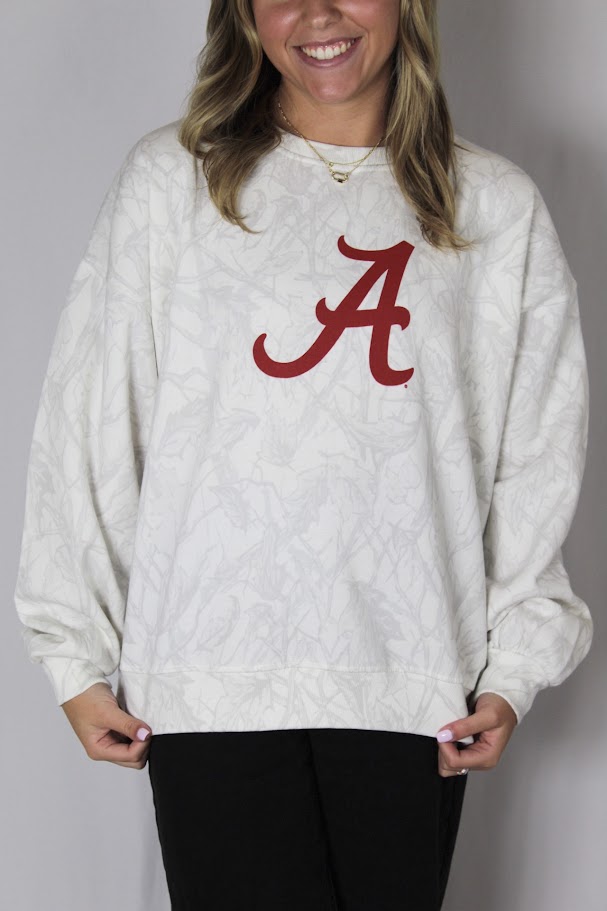 Juniors' Royce Apparel Script A Camo Crewneck Sweatshirt (Ice Woodland)