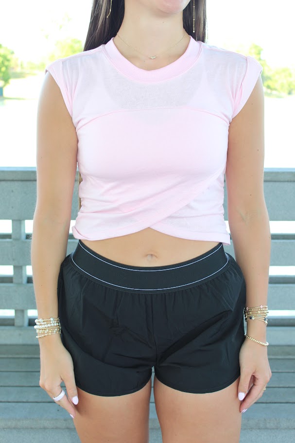 Juniors' Kimberly Cross Front Knit S/S Top
